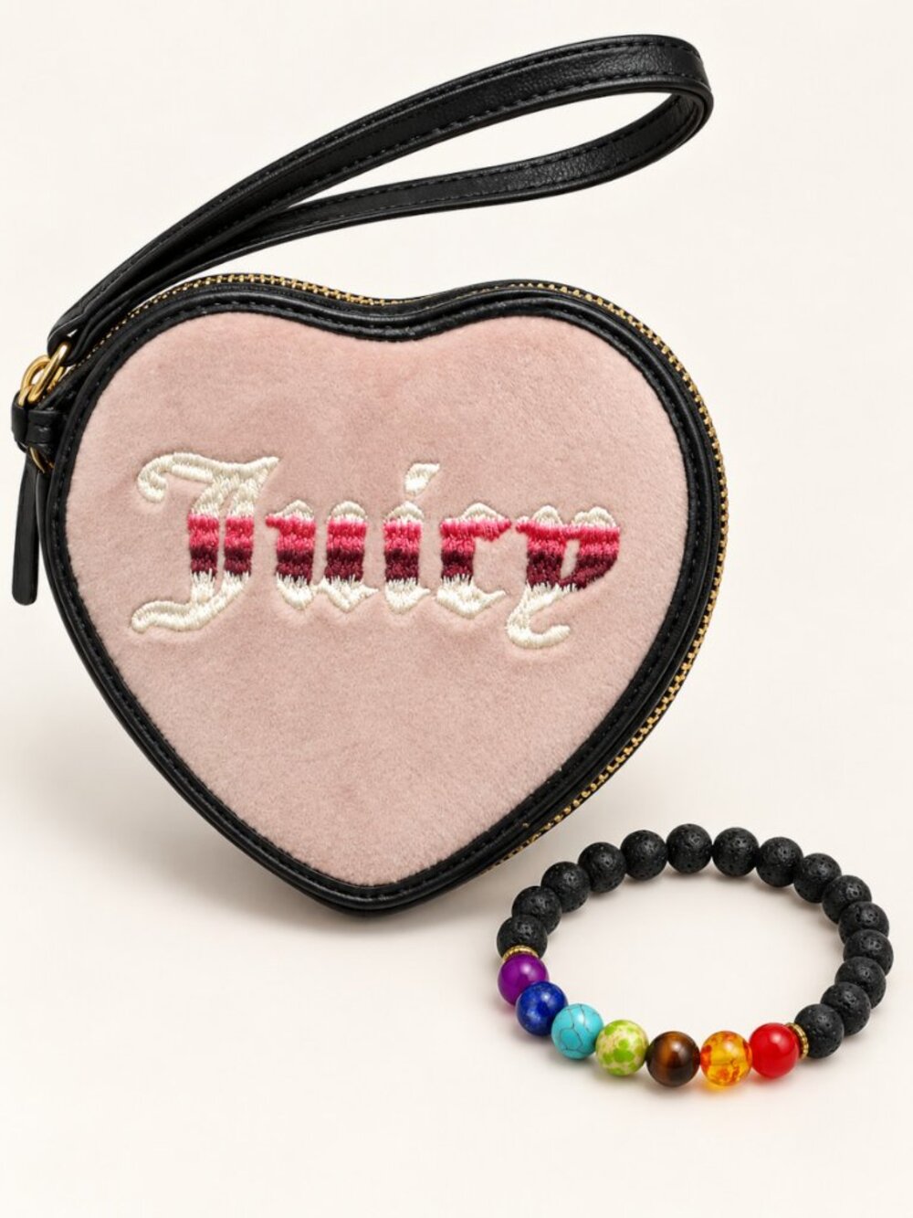 Juicy Couture Heart Velour Wristlet & Chakra Lava Bead Bracelet Set NWT
